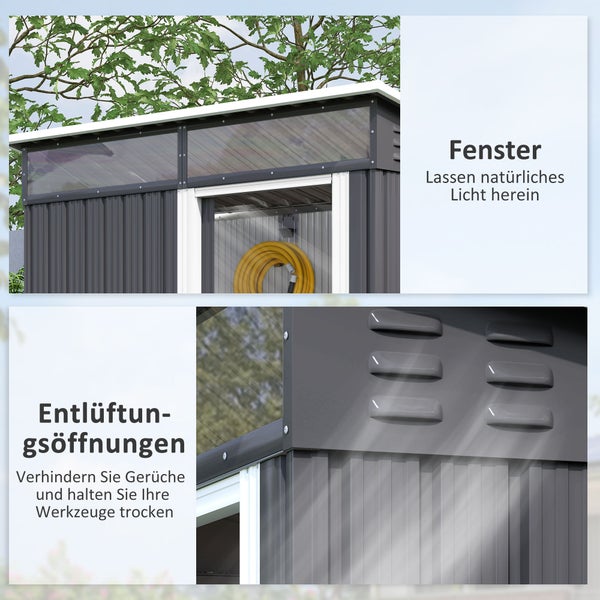 Outsunny Metall Gerätehaus 1,9m² 195x122x182cm Geräteschuppen mit Fundament Pultdach Fenster Schiebetür Haken Handschuhe wetterfest Gartenhaus Outdoor Garten Schuppen für Hinterhof Garten Dunkelgrau