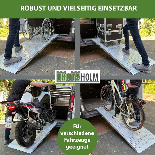 Mehrfachansicht einer Aluminiumrampe für Rollstuhl, Transportkiste, Motorrad und Fahrrad zum Verladen in einen Transporter