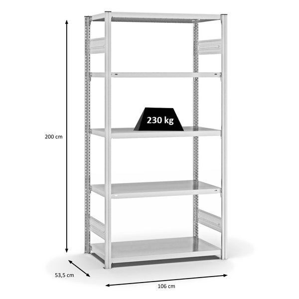PROREGAL Fachbodenregal Stecksystem T-Profil Medium-Duty Grundregal HxBxT 200 x 100 x 50 cm 5 Ebenen Fachlast 230 kg Beidseitig Nutzbar Lichtgrau
