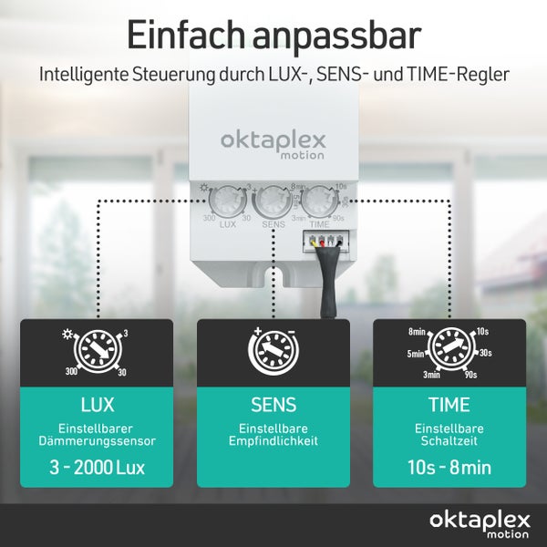 Oktaplex Motion Sensor mit einstellbarem LUX-, SENS- und TIME-Regler für intelligente Steuerung