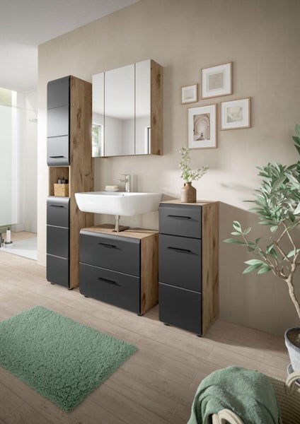 Modernes Badezimmermöbel-Set in Eichenoptik mit anthrazitfarbenen Fronten, inklusive Waschbecken, Spiegelschrank, Hoch- und Seitenschrank.