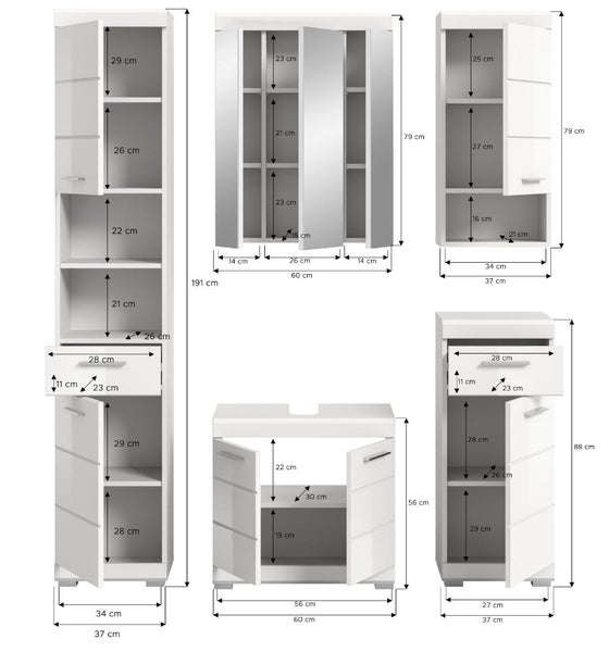 Maßzeichnung: Hochschrank, Spiegelschrank, Hängeschrank, Waschbeckenunterschrank und Kommode mit Maßen in Zentimeter.