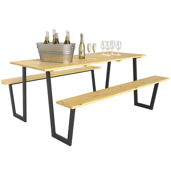 Outsunny Bierzeltgarnitur Holz 3-teilig Festzeltgarnitur mit Schirmloch Biertisch 2 x Bierbank Biertischgarnitur Sitzgarnitur Gartenmöbel Set für Balkon, Camping, Garten 175 x 148 x 78 cm Naturholz