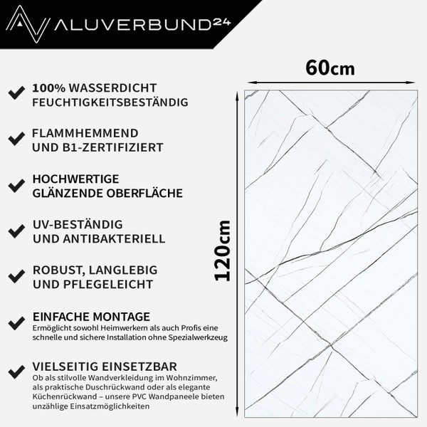 Aluverbund24 Logo. PVC Wandpaneel mit den Maßen 60 mal 120 Zentimeter mit Eigenschaften wie wasserdicht, feuchtigkeitsbeständig, schwer entflammbar, B1-zertifiziert, hochwertige glänzende Oberfläche, UV-beständig, antibakteriell, robust, langlebig, pflegeleicht und vielseitig einsetzbar
