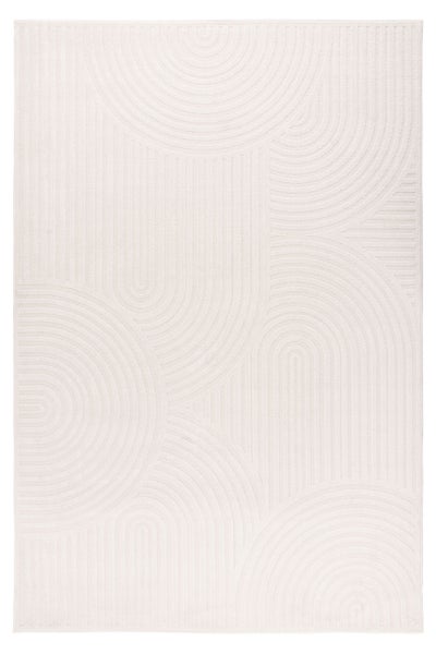 Rechteckiger Teppich mit abstraktem, geometrischem Bogenmuster in Reliefoptik.