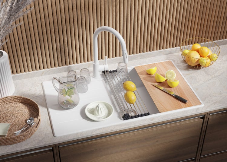 PRIMAGRAN Spülbecken Alles Weiß 90x50cm, Granitspüle 1 Becken + Ablauf-Set + Schneidebrett, Küchenspüle ab 60er Unterschrank - Kopenhagen