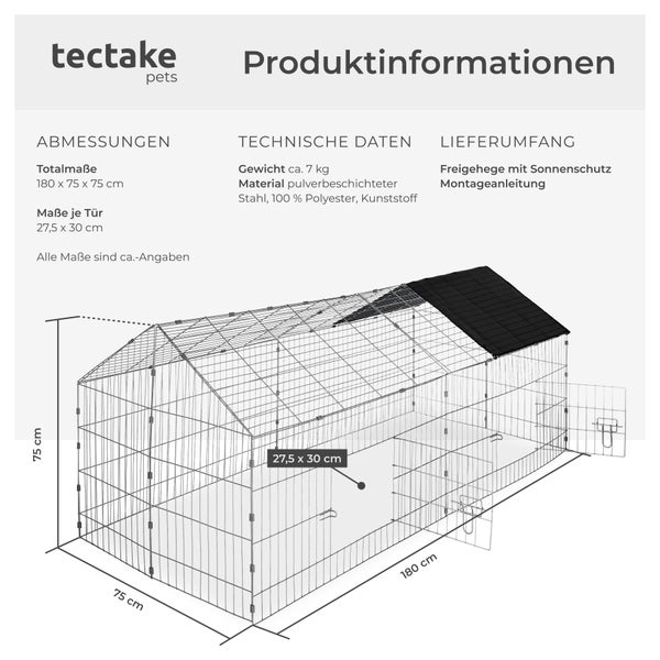 Freilaufgehege für Kaninchen tectake  180 x 75 x 75 cm aus 12 Gitterelementen schwarz