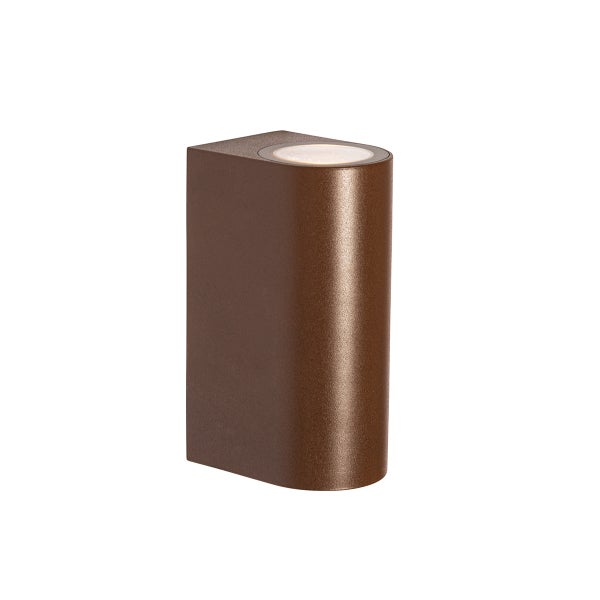 Außenwandleuchte aus Metall in Bronze, zylindrisches Design mit Lichtaustritt nach oben.