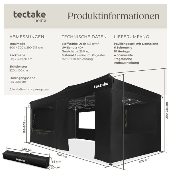 tectake home Logo, Infografik mit Abmessungen 600 mal 300 mal 290 bis 316 Zentimeter, technischen Daten und Lieferumfang für einen Faltpavillon.