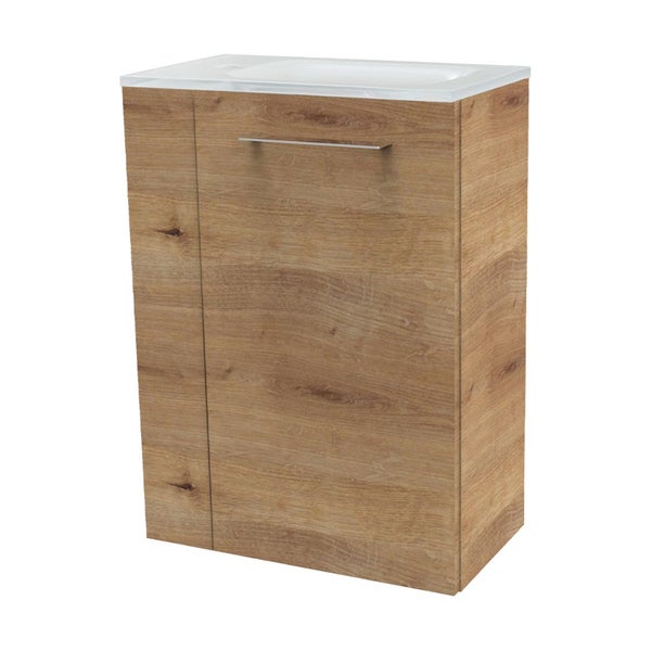 Fackelmann MILANO Gäste-WC Set 2 Teile – Waschtischunterschrank in Holz Braun mit Waschbecken aus Glas in Weiß – SBC Waschbeckenunterschrank schmal – Türanschlag rechts – 45 cm breit
