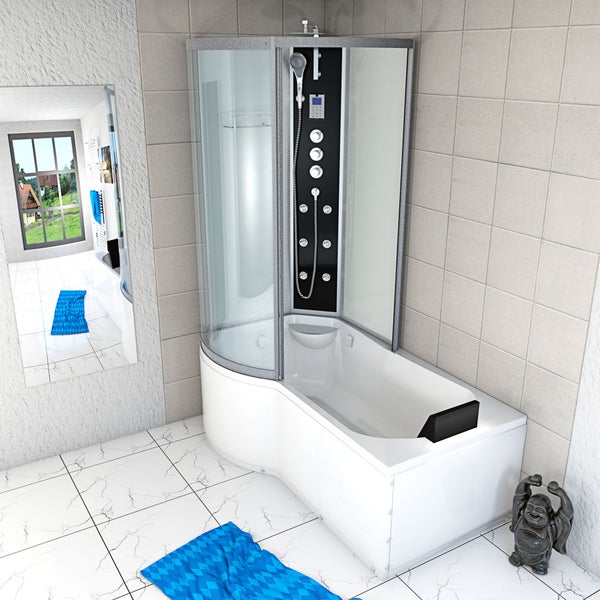 Duschbadewanne mit integrierter Duschkabine, Massagedüsen, Handbrause und Kopfstütze in einem hell gefliesten Badezimmer.