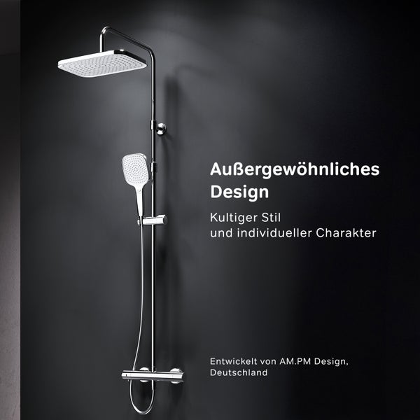 Duschsystem mit Thermostatarmatur, eckigem Kopf- und Handbrausekopf, glänzendem Design von AM.PM Design Deutschland für ein modernes Badezimmer.