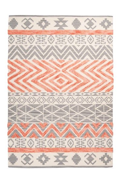 Rechteckiger Teppich mit geometrischem Ethno-Muster in Lachsfarben und Grau, Zickzack-Design mit Hoch-Tief-Struktur.