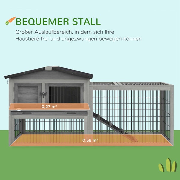 PawHut Hasenstall 2 Ebenen Kaninchenstall aus Tannenholz Winterfest Doppelstockhaus mit Freilaufgehege Rampe 150x52x68 cm Kaninchenkäfig Outdoor Kleintierstall für Hasen Kaninchen Meerschweinchen Grau