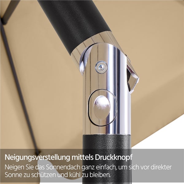 Detailaufnahme des Neigungsverstellmechanismus mit Druckknopf eines Sonnenschirms