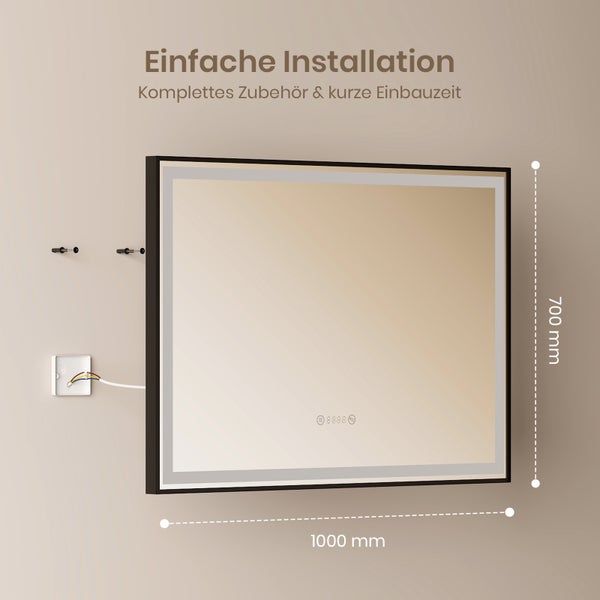 LED Badezimmerspiegel mit schwarzem Rahmen, 1000 mal 700 Millimeter, Wandmontage mit Zubehör und Elektroanschluss.