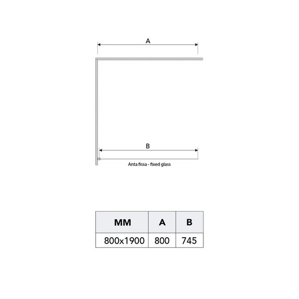 Technische Zeichnung einer Duschkabine mit Maßangaben