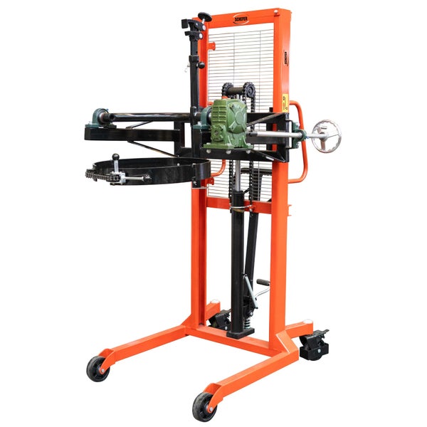 Schefer Fasslifter mit Wendefunktion, Stahlrahmen mit Rollen, manuelle Bedienung zum Heben und Drehen von Fässern.