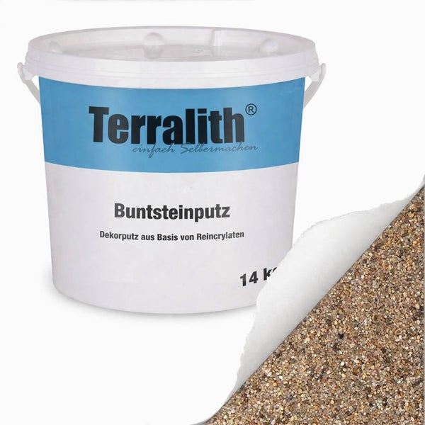 Terralith Buntsteinputz Dekorputz auf Basis von Reinacrylaten im 14 Kilogramm Eimer mit einer Strukturprobe der bunten Steinchen.