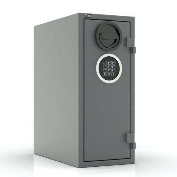 Hoher Tresor aus Metall mit elektronischem Zahlenschloss und Drehgriff.