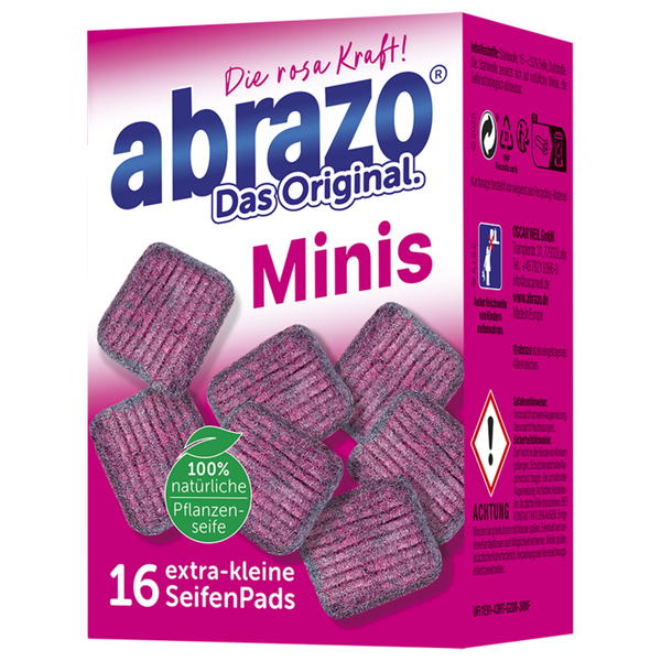 abrazo Das Original Minis Seifenpads aus Stahlwolle mit einhundert Prozent natürlicher Pflanzenseife, sechzehn Stück.