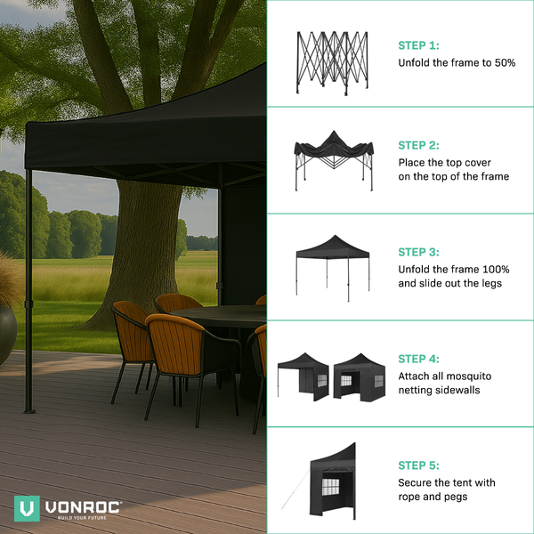 VONROC Pavillon 3x3m wasserdicht stabil - Partyzelt EasyUp System [3Min Aufbau] Popup Faltpavillon modular erweiterbar als Festival Zelt, Gartenpavillon
