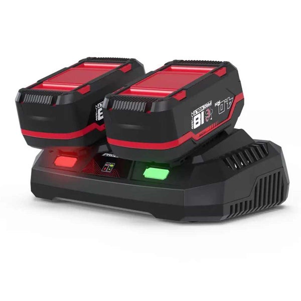 Doppel-Ladegerät mit zwei 18 Volt 4,0 Amperestunden Lithium-Ionen-Akkus.