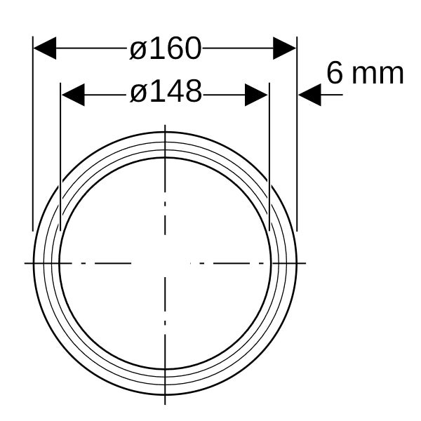 Technische Zeichnung eines Rings mit Außendurchmesser 160 Millimeter, Innendurchmesser 148 Millimeter und Wandstärke 6 Millimeter.