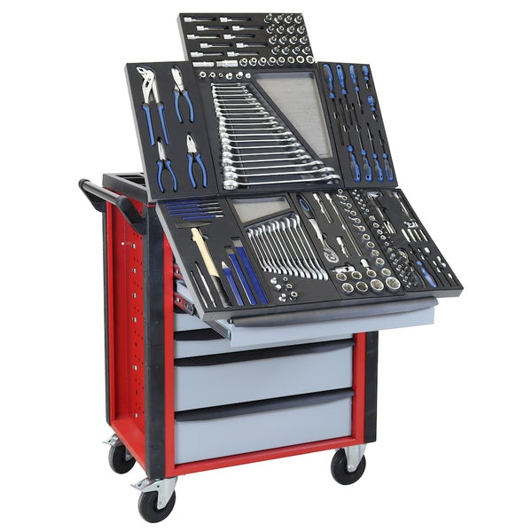 PROREGAL Werkstattwagen Cheetah Plus 190 Teilig Werkzeugset 7 Schubladen HxBxT 98,5 x 75 x 47,5 cm Feuerrot Silbergrau