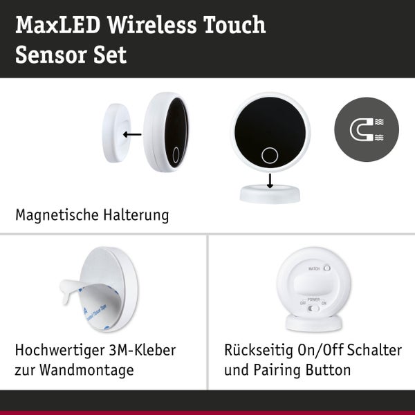 MaxLED Wireless Touch Sensor Set mit magnetischer Halterung, 3M-Klebestreifen zur Wandmontage, On-Off-Schalter und Pairing-Taste auf der Rückseite.