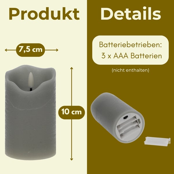 LED Stumpenkerze mit 7,5 Zentimeter Durchmesser und 10 Zentimeter Höhe, batteriebetrieben mit 3 AAA Batterien, nicht im Lieferumfang enthalten