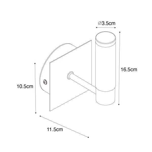 Technische Zeichnung einer Wandleuchte mit den Maßen 16,5 cm Höhe, 3,5 cm Durchmesser und 10,5 cm Abstand zur Wand.