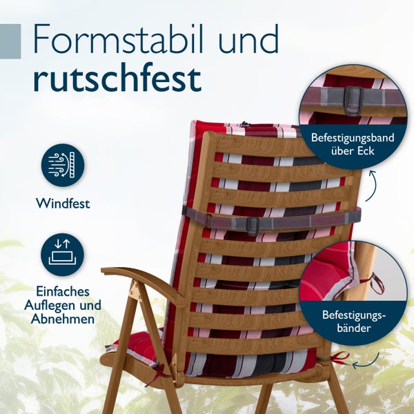 Gartenstuhlauflage mit Befestigungsbändern und elastischem Halteband an einem Holzstuhl, windfest und formstabil.
