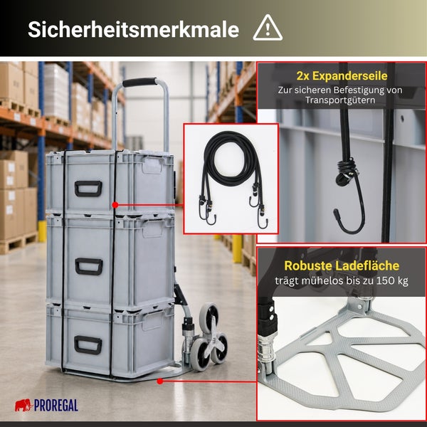 Proregal Logo. Sicherheitsmerkmale: Treppensteiger Sackkarre mit drei Stapelboxen, zwei Expanderseilen und robuster Ladefläche bis 150 Kilogramm.