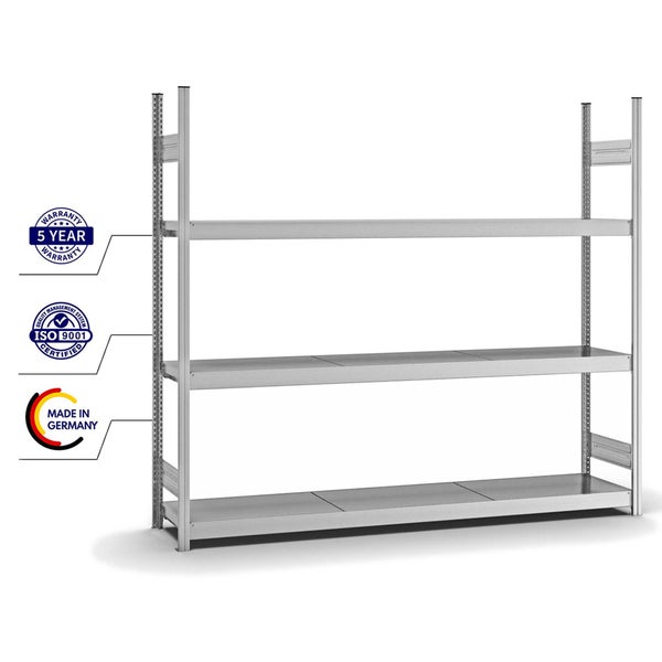 PROREGAL Weitspannregal Stecksystem T-Profil Grundregal HxBxT 200x225x40 cm 3 Ebenen Stahlplatten Fachboden Fachlast 350 kg Verzinkt