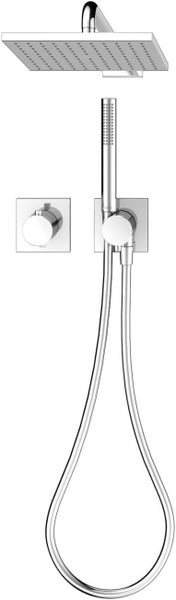 Unterputz-Duschsystem mit rechteckiger Kopfbrause, Stabhandbrause, Brauseschlauch und zwei quadratischen Unterputz-Armaturen.