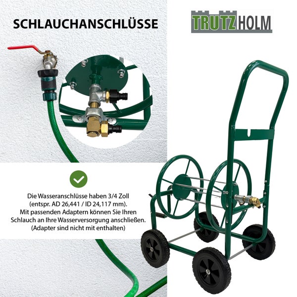 Trutzholm Schlauchwagen mit 3/4 Zoll Anschlüssen für den Garten, inklusive Detailansicht des Schlauchanschlusses.