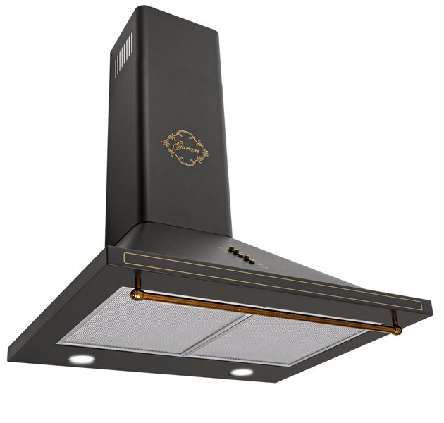Wandabzugshaube Gurari im Landhausstil mit integrierter Beleuchtung und Metallfettfiltern.