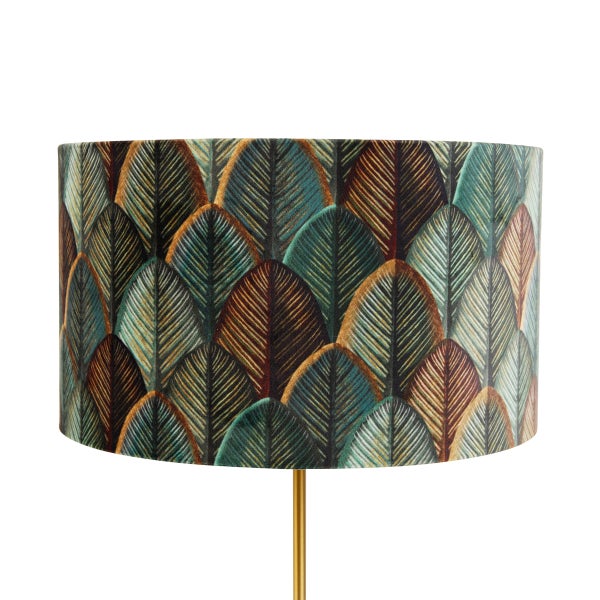Zylindrischer Lampenschirm aus Samt mit einem Muster aus stilisierten Blättern oder Federn.