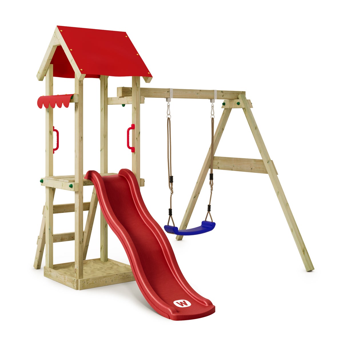 WICKEY Spielturm Klettergerüst TinyWave mit Schaukel und Rutsche, Kletterturm mit Sandkasten, Leiter und Spiel-Zubehör - rot