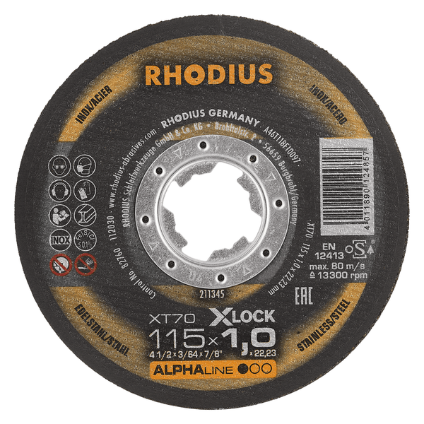 RHODIUS Trennscheibe XT70 X-LOCK, 25 Stück, 115 x 1,0 x 22,23 mm für Edelstahl, Stahl, Metall, ALPHAline