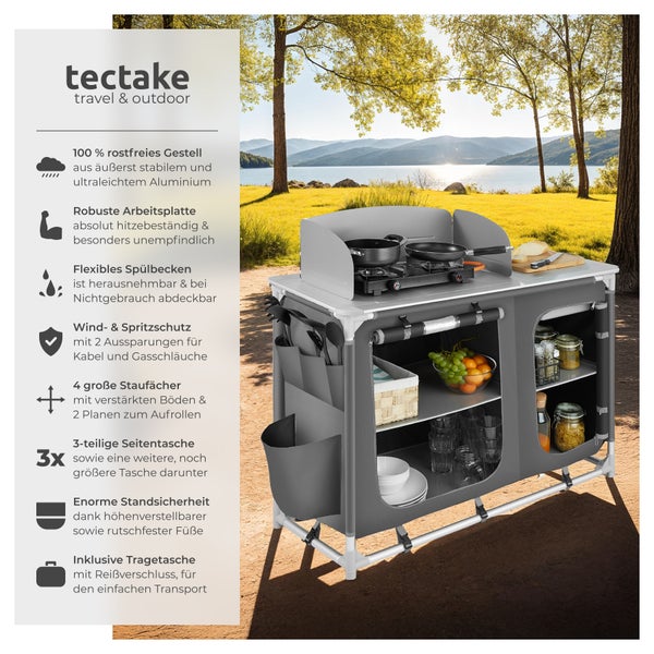 tectake Campingküche mit Arbeitsfläche, Windschutz, Staufächern und Tragetasche im Outdoor-Einsatz