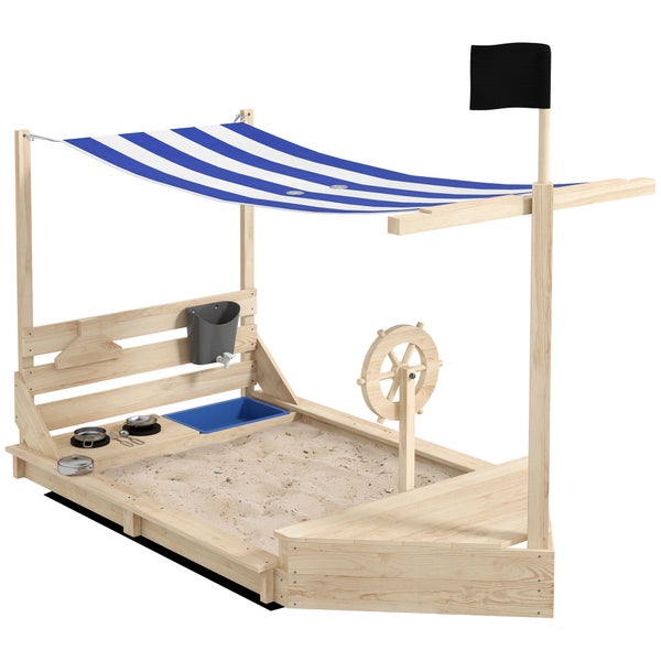 Sandkasten aus Holz mit Spielküche, Steuerrad, Markise und Piratenflagge