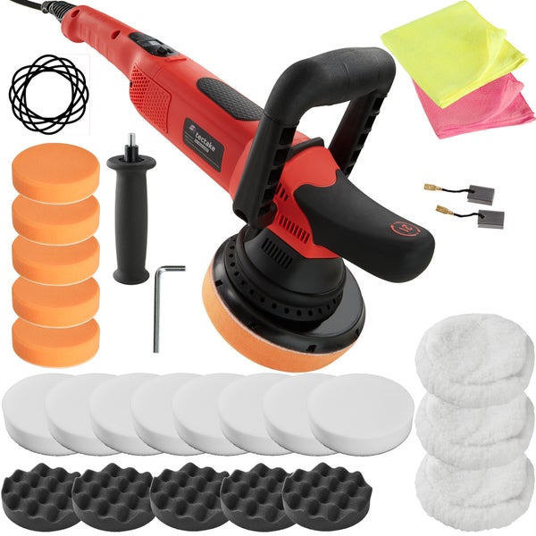 25-teiliges Exzenter Poliermaschinen-Set tectake  inklusive 2 Mikrofasertüchern und 2 Ersatzkohlen 810 W schwarz/rot
