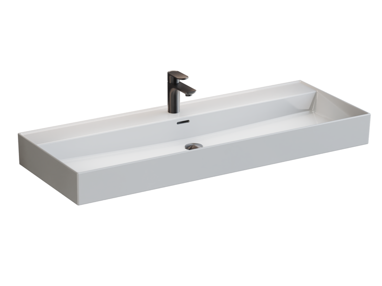 Rechteckiges weißes Waschbecken mit schwarzer Armatur, breitem Becken und Überlauf.