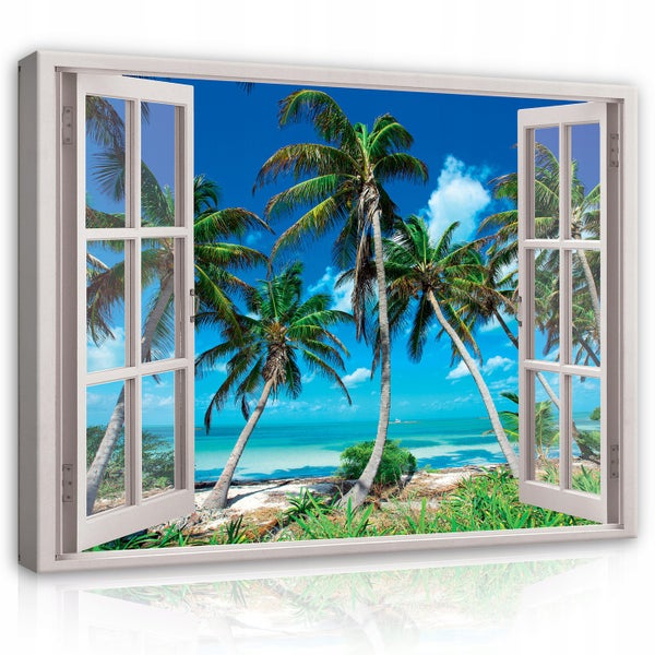 Bilder Fenster Strand Palmen Leinwandbild Wohnzimmer 80X60 cm