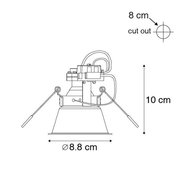 Maßzeichnung einer Einbauleuchte: Durchmesser 8,8 Zentimeter, Höhe 10 Zentimeter, Lochausschnitt 8 Zentimeter.