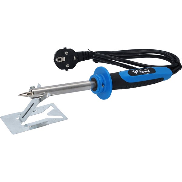 Lötkolben mit blau-schwarzem Griff, Metallspitze, schwarzem Kabel und Metallablage.