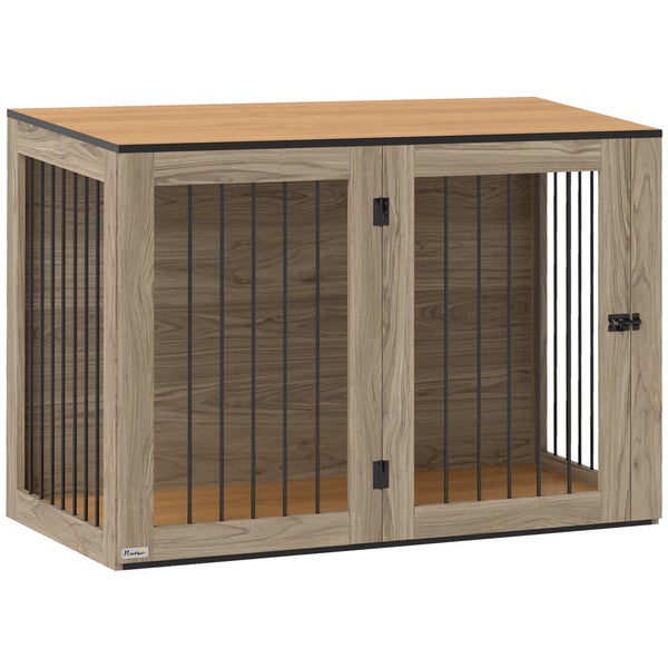 PawHut Hundekäfig Möbel, Hundebox mit Tür und Fenster, Beistelltisch für Zuhause, Hundehaus für große Hunde unter 30 kg, Stahl, 106 x 60 x 76 cm, Eiche