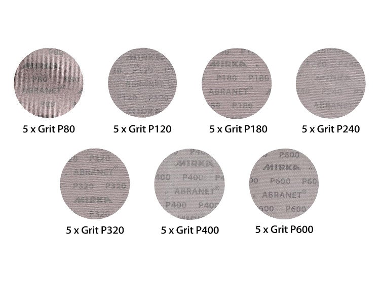 Mirka Abranet Netzschleifscheiben Ø 125 mm Klett / Mix-Pack 5 von jeder Körnung 80, 120, 180, 240, 320, 400, 600 / 35 Stk / Für alle 125mm Exzenterschleifer und Schleifmaschinen